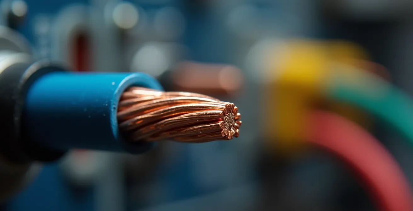 Détail macro de câbles électriques professionnels avec textures cuivre