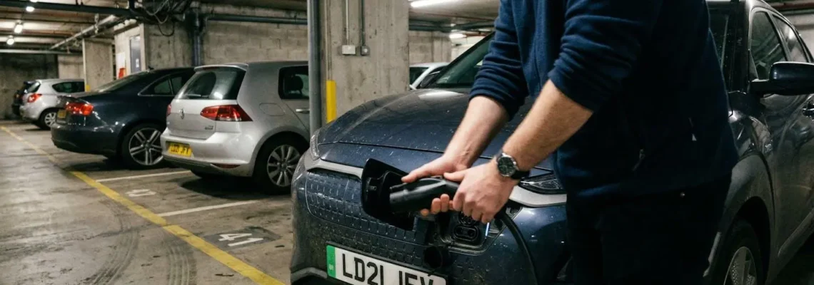 Une main branche un câble de recharge sur une voiture électrique dans un parking souterrain éclairé par une lumière naturelle diffuse