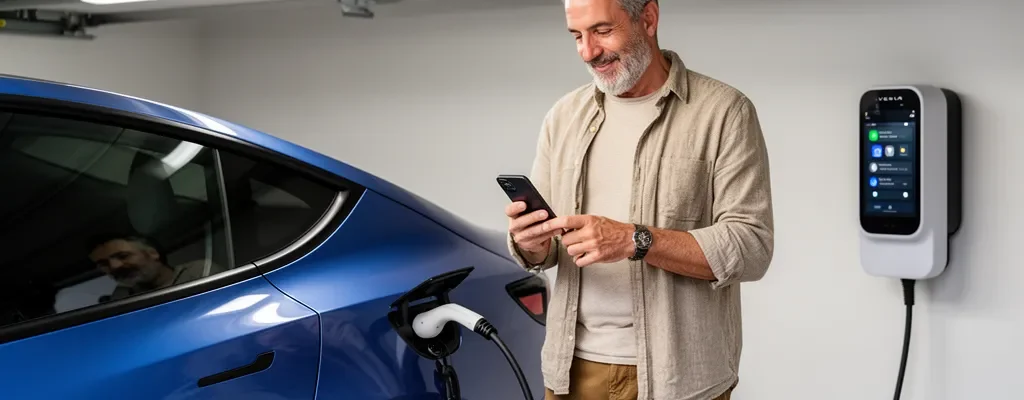 Conducteur français satisfait devant sa voiture électrique branchée sur borne murale à domicile