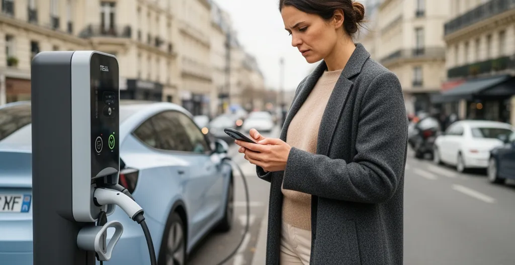Conductrice devant borne de recharge publique véhicule électrique occupée Lyon