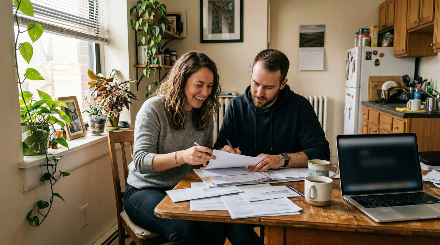Un couple assis à une table de cuisine consulte des documents papier et un ordinateur portable dans la lumière naturelle d'une fenêtre
