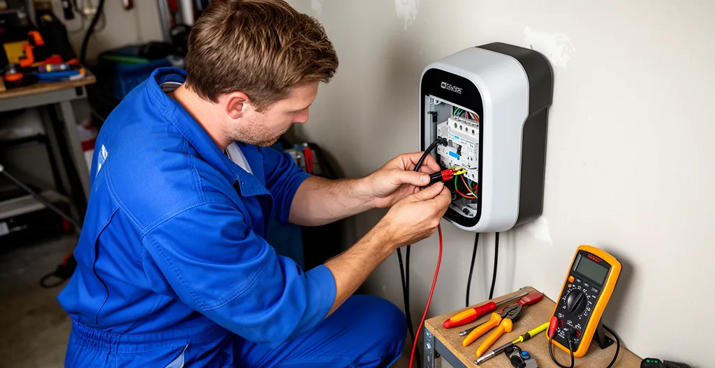 Électricien IRVE installant une borne de recharge murale véhicule électrique