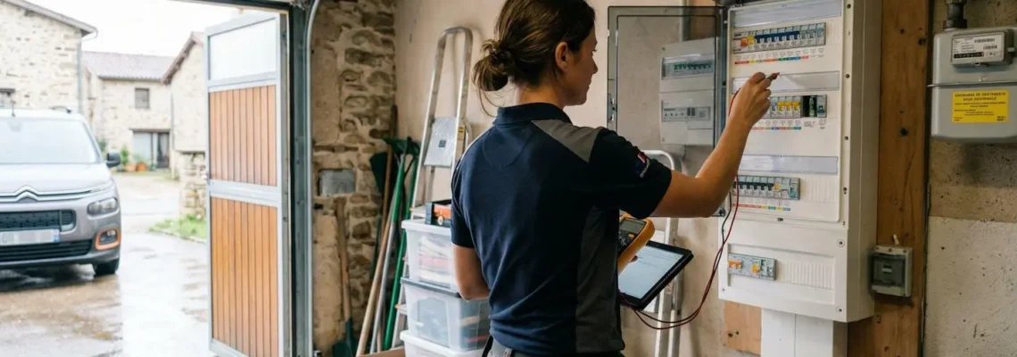 Un électricien en polo de travail inspecte un tableau électrique moderne dans un garage résidentiel, vu de dos sous la lumière naturelle de la porte de garage