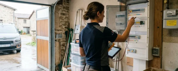 Un électricien en polo de travail inspecte un tableau électrique moderne dans un garage résidentiel, vu de dos sous la lumière naturelle de la porte de garage