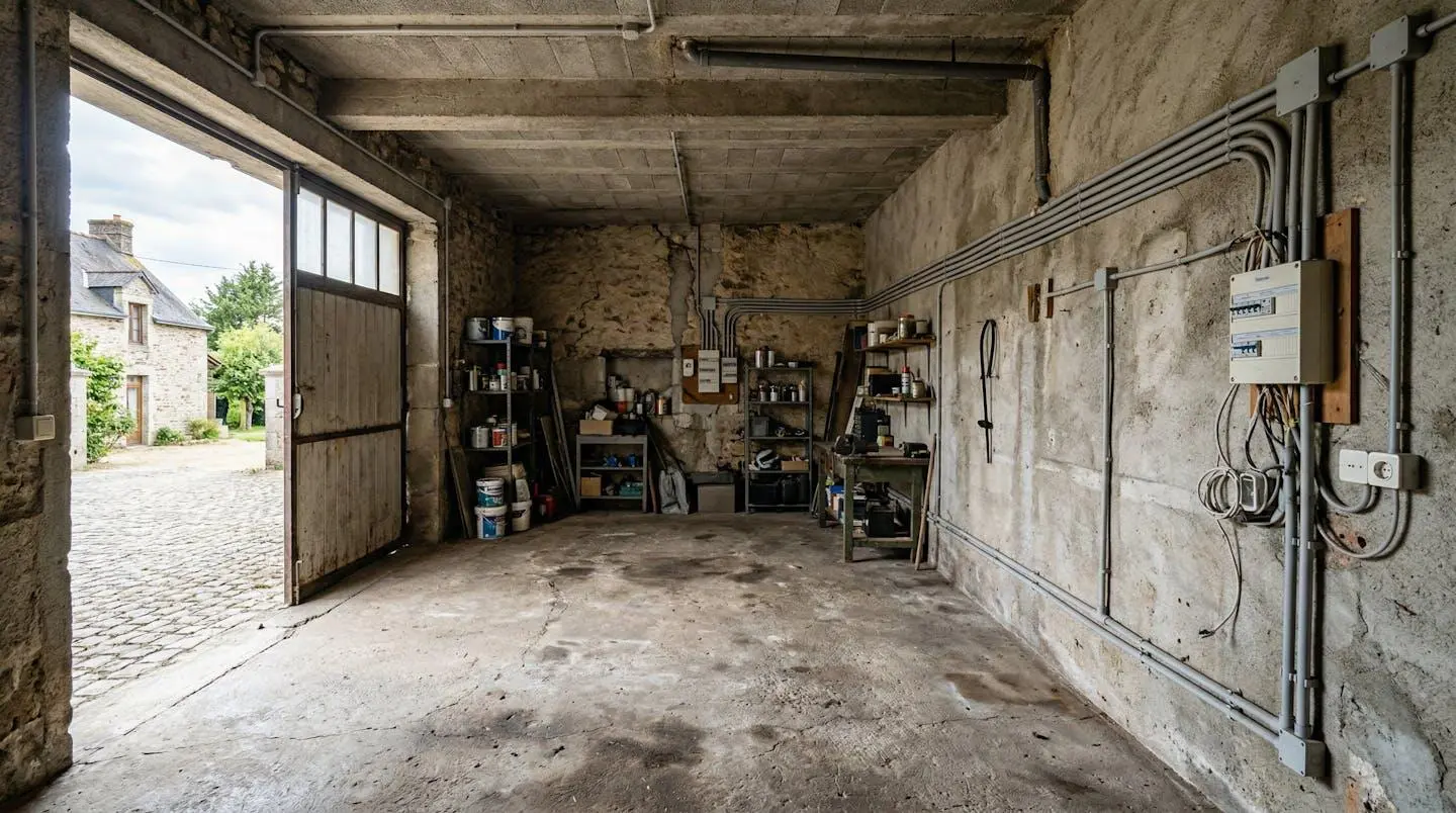 Intérieur d'un garage résidentiel vide avec un conduit électrique visible le long du mur, ambiance travaux en cours sous lumière naturelle