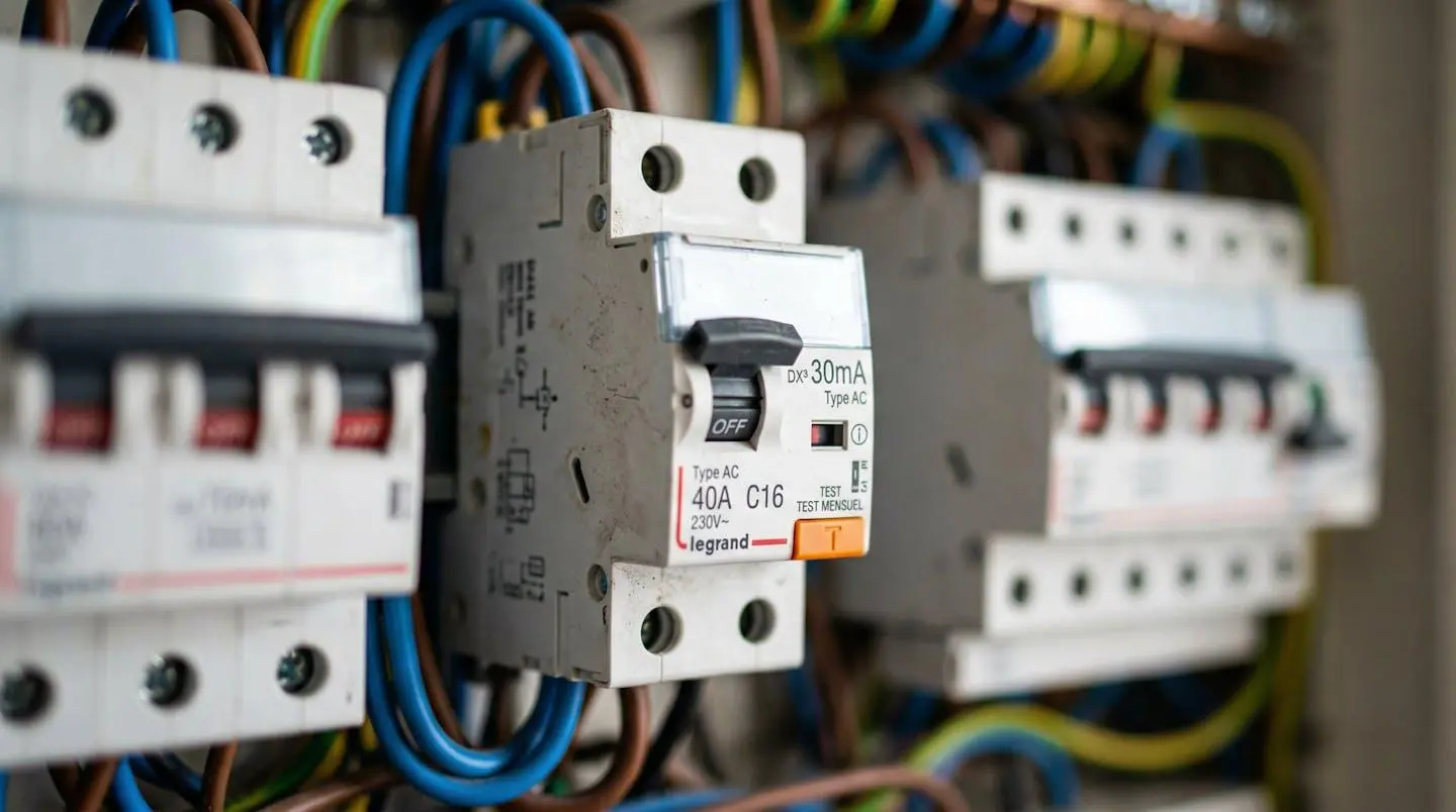 Gros plan sur des disjoncteurs modulaires alignés dans un tableau électrique moderne, avec un léger flou d'arrière-plan