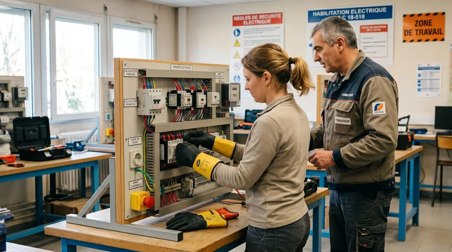 Formation pratique d'habilitation électrique : formateur supervisent un stagiaire manipulant une maquette pédagogique d'installation électrique dans un centre de formation français