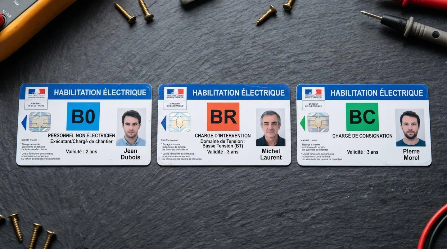Série de titres d'habilitation électrique officiels français disposés côte à côte montrant les symboles B0, BR et BC