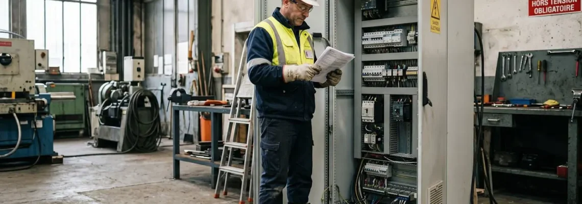 Technicien de maintenance électrique en équipement de protection individuelle consultant sa documentation devant une armoire électrique industrielle ouverte dans un atelier français
