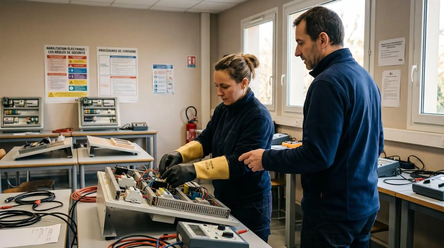 Formation pratique d'habilitation électrique : formateur supervisent un stagiaire manipulant une maquette pédagogique d'installation électrique dans un centre de formation français