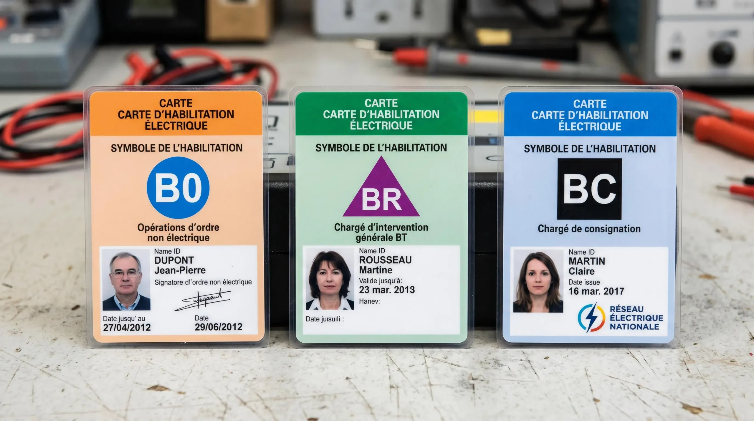 Série de titres d'habilitation électrique officiels français disposés côte à côte montrant les symboles B0, BR et BC