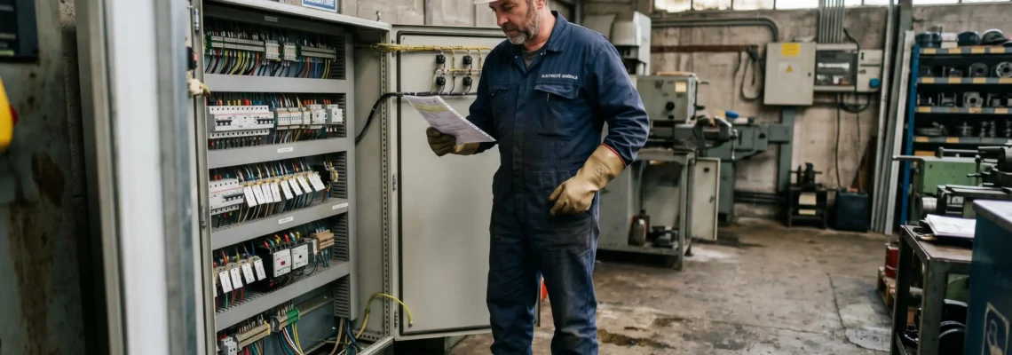 Technicien de maintenance électrique en équipement de protection individuelle consultant sa documentation devant une armoire électrique industrielle ouverte dans un atelier français