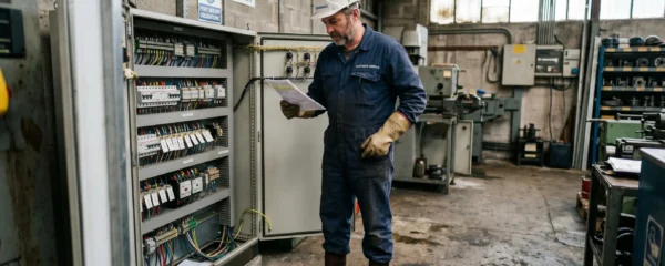 Technicien de maintenance électrique en équipement de protection individuelle consultant sa documentation devant une armoire électrique industrielle ouverte dans un atelier français